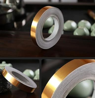 AR Floor Tiles Gold Foil Lines Metalized Mirror Tape Self-Adhesive Tile Seam Sticker Waterproof Gap Sealing Foil Decor Tape for Wall Cabinet Kitchen (10mm x 50meter) (1)