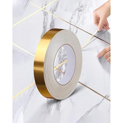 AR Floor Tiles Gold Foil Lines Metalized Mirror Tape Self-Adhesive Tile Seam Sticker Waterproof Gap Sealing Foil Decor Tape for Wall Cabinet Kitchen (10mm x 50meter) (1)