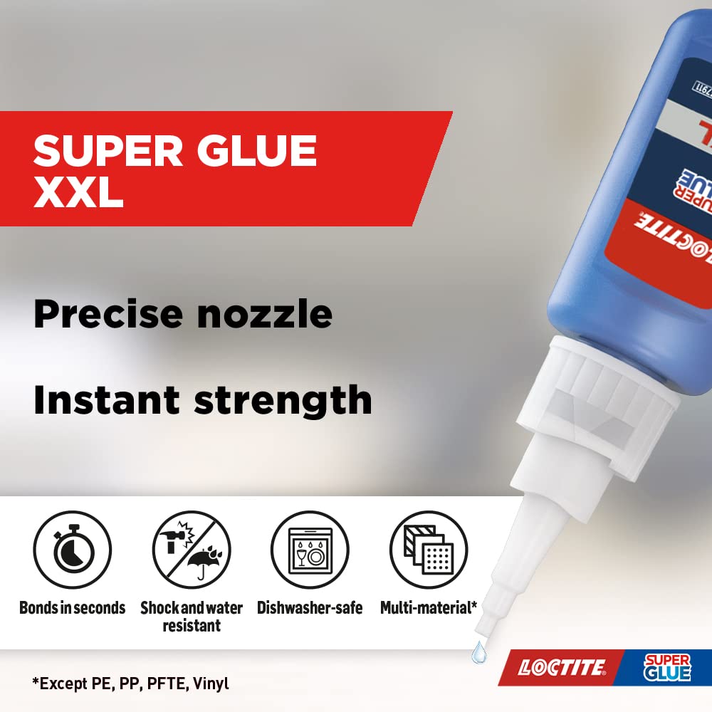 Loctite XXL, Strong All Purpose Liquid Adhesive for Accurate Repairs, controlled application on hard to reach surfaces, bonds in seconds, waterproof, multi material, DIY, super glue, 20g