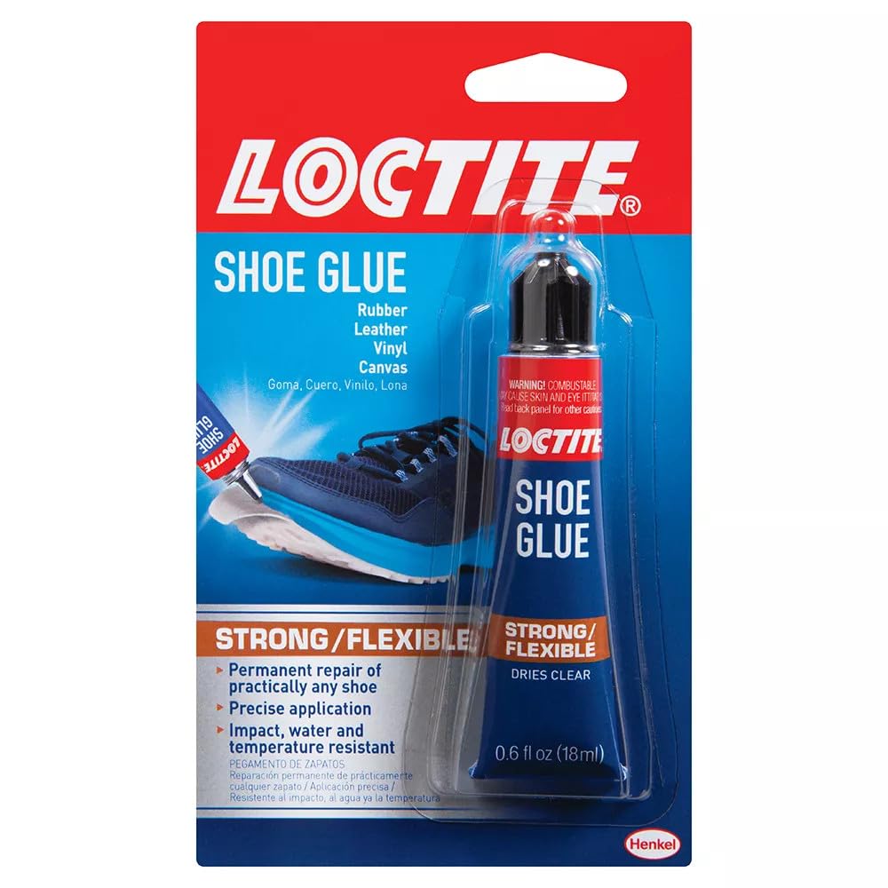 Loctite Shoe Glue, Strong & Flexible, Resistant to Water, Ideal for Rubber, Leather, Vinyl & Canvas, Permanent repair of any shoes, Precise application, Dries Clear - 0.6 fl oz Bottle, Pack of 1