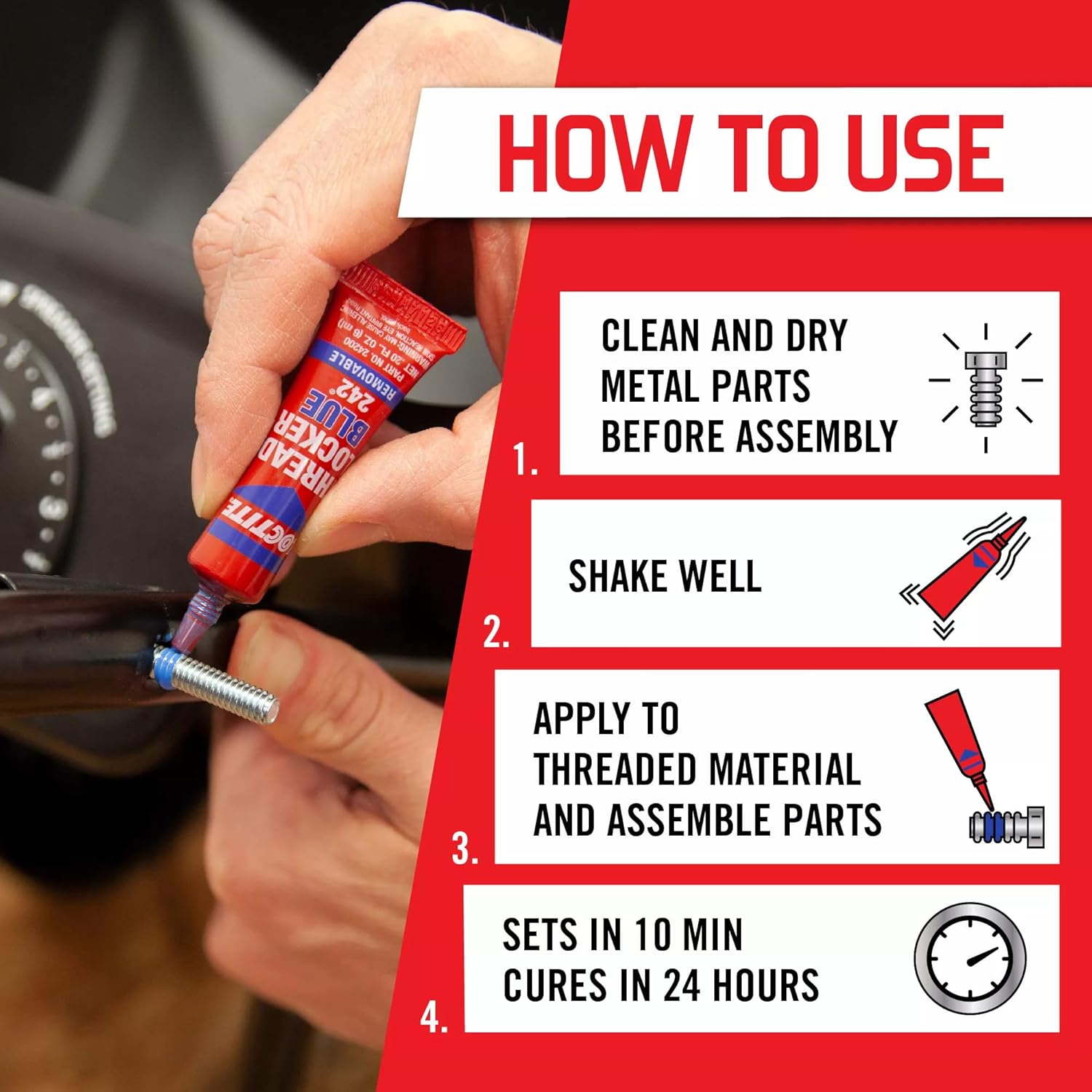 Loctite Threadlocker Blue 242 locks and seals threaded fasteners and prevent loosening from vibration, ideal for 6-19mm fasteners, great for small motors, mowers, equipment, nuts, bolts, screws, 6 ml