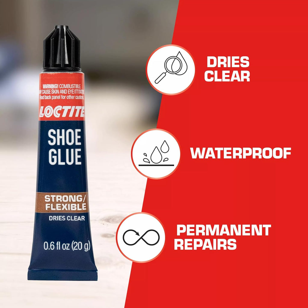 Loctite Shoe Glue, Strong & Flexible, Resistant to Water, Ideal for Rubber, Leather, Vinyl & Canvas, Permanent repair of any shoes, Precise application, Dries Clear - 0.6 fl oz Bottle, Pack of 1