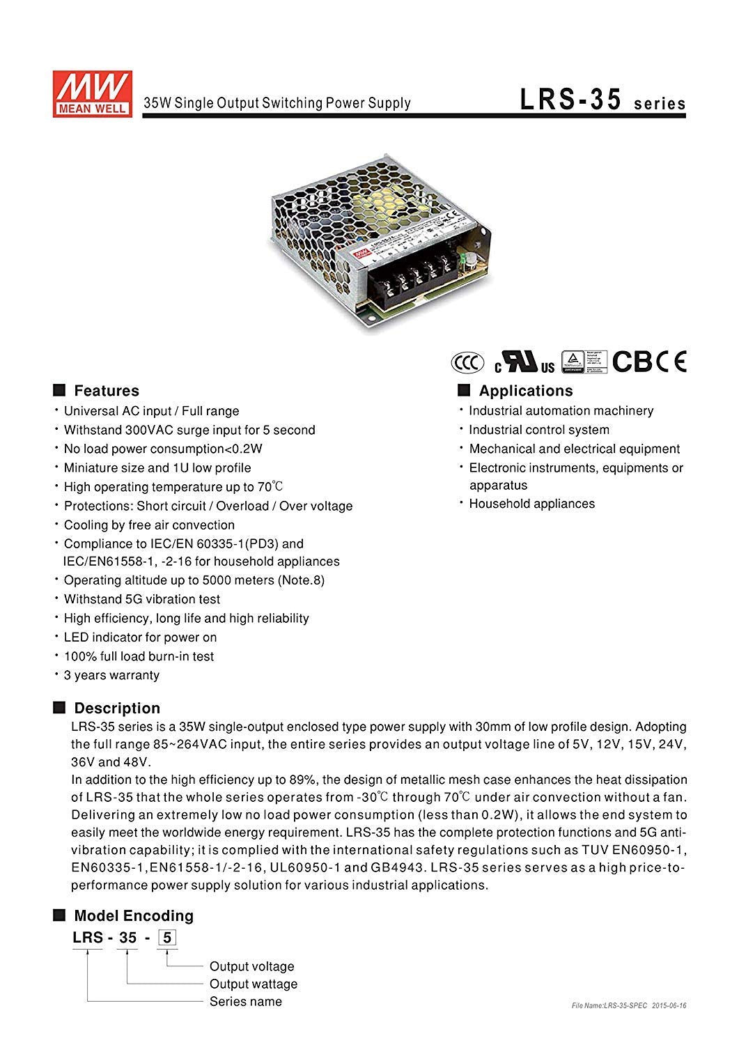 Meanwell LRS-35-12 Switching Power Supply, Single Output, 12V, 3A, 36W, 1.18" H x 3.23" W x 3.9" L