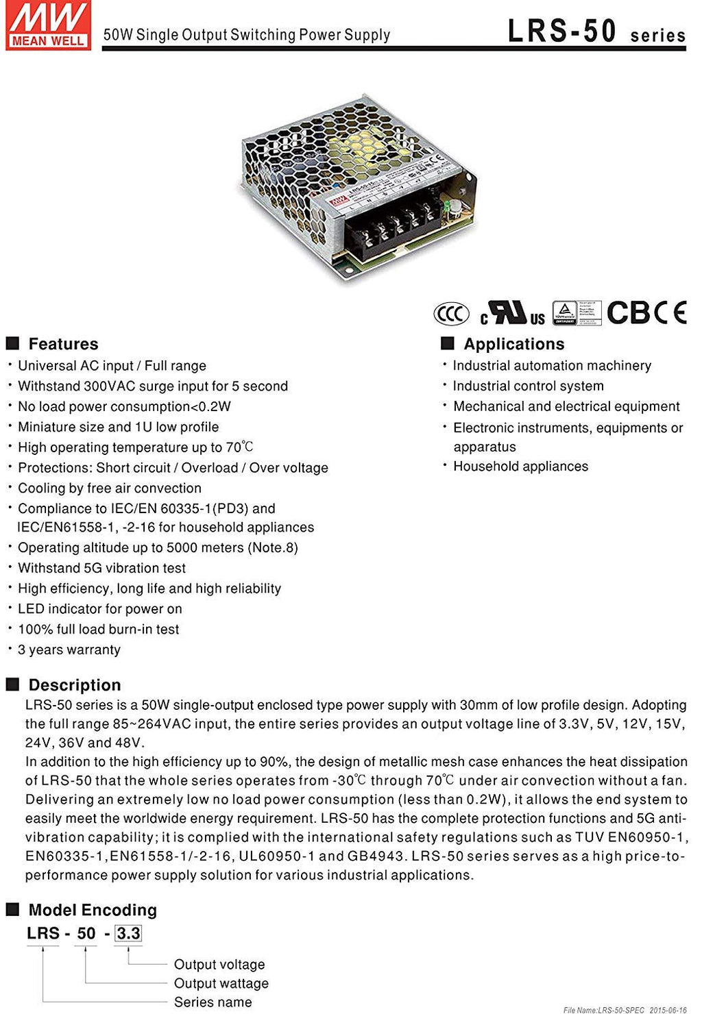 Meanwell 50W 3.4A 15V Industrial Power Supply