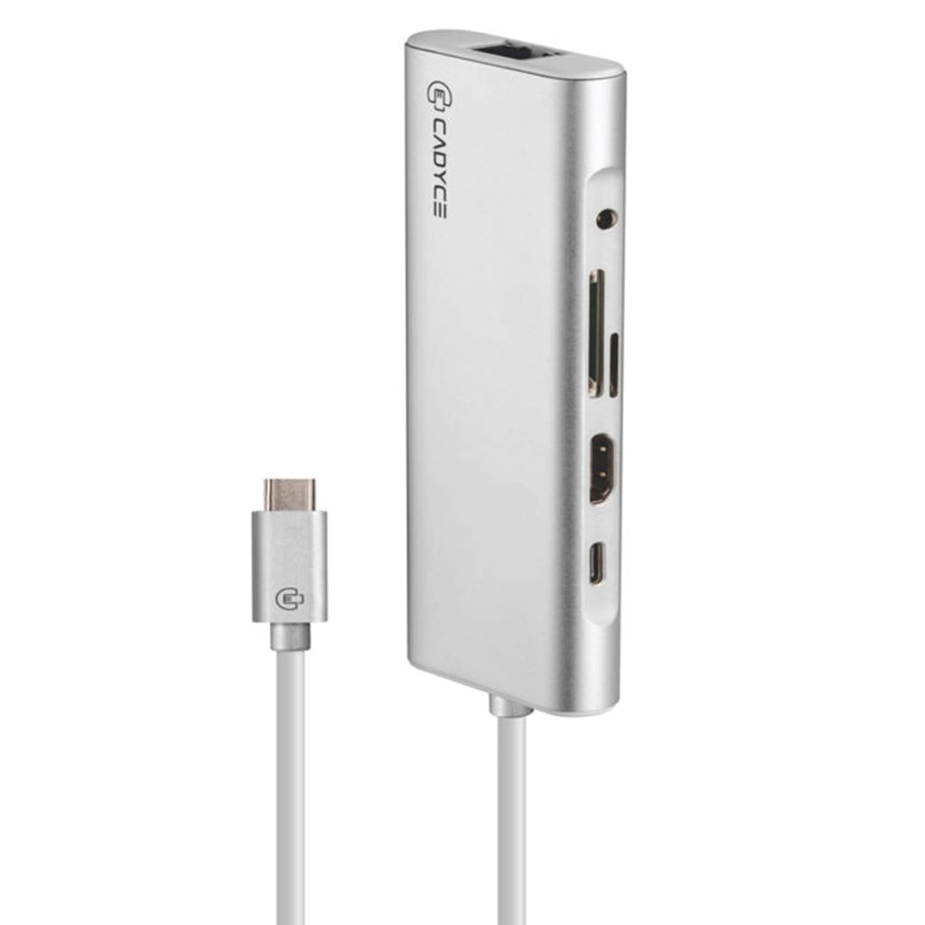 Cadyce USB-C Enhanced Travel Docking Station (USB-C to HDMI + 3 x USB 3.0 + Giga LAN + mSD and SD Card Slots + 3.5mm Stereo Port + USB-C Female for Data and Charging