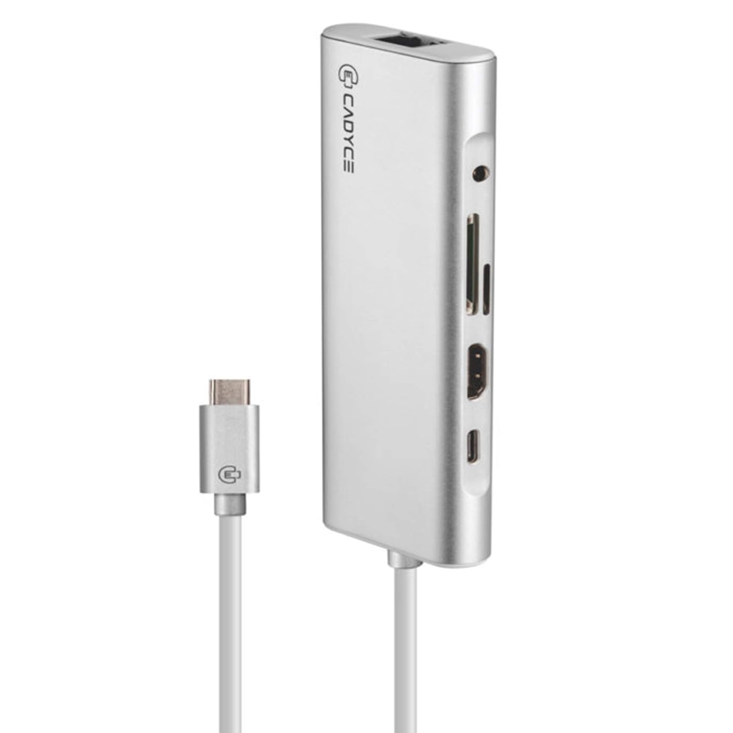 Cadyce USB-C Enhanced Travel Docking Station (USB-C to HDMI + 3 x USB 3.0 + Giga LAN + mSD and SD Card Slots + 3.5mm Stereo Port + USB-C Female for Data and Charging