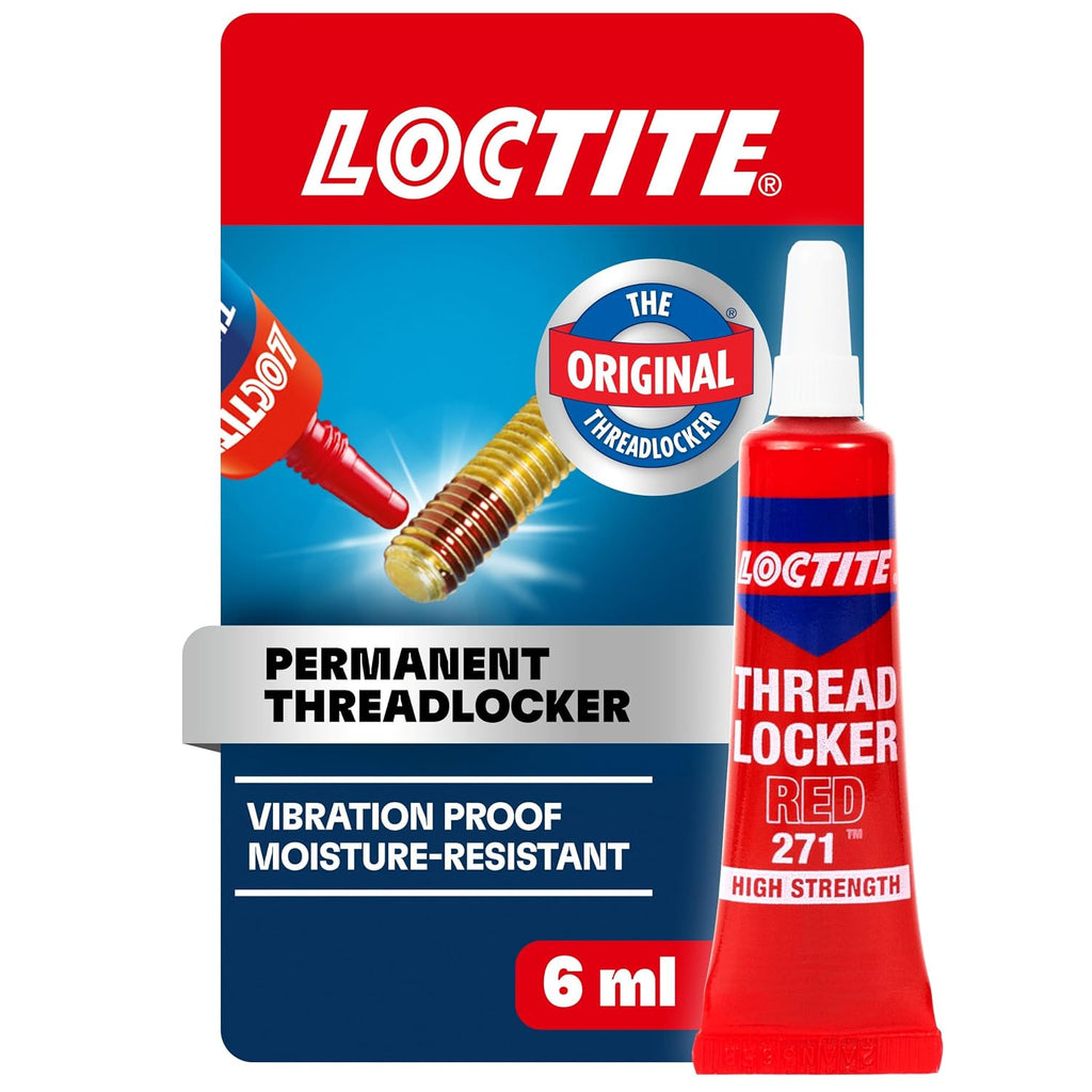 Loctite Threadlocker Red 271 locks, seals threaded fasteners permanently, prevent loosening from vibration, great for engines, machinery, vehicles for valve covers, water pumps, and alternators, 6ml