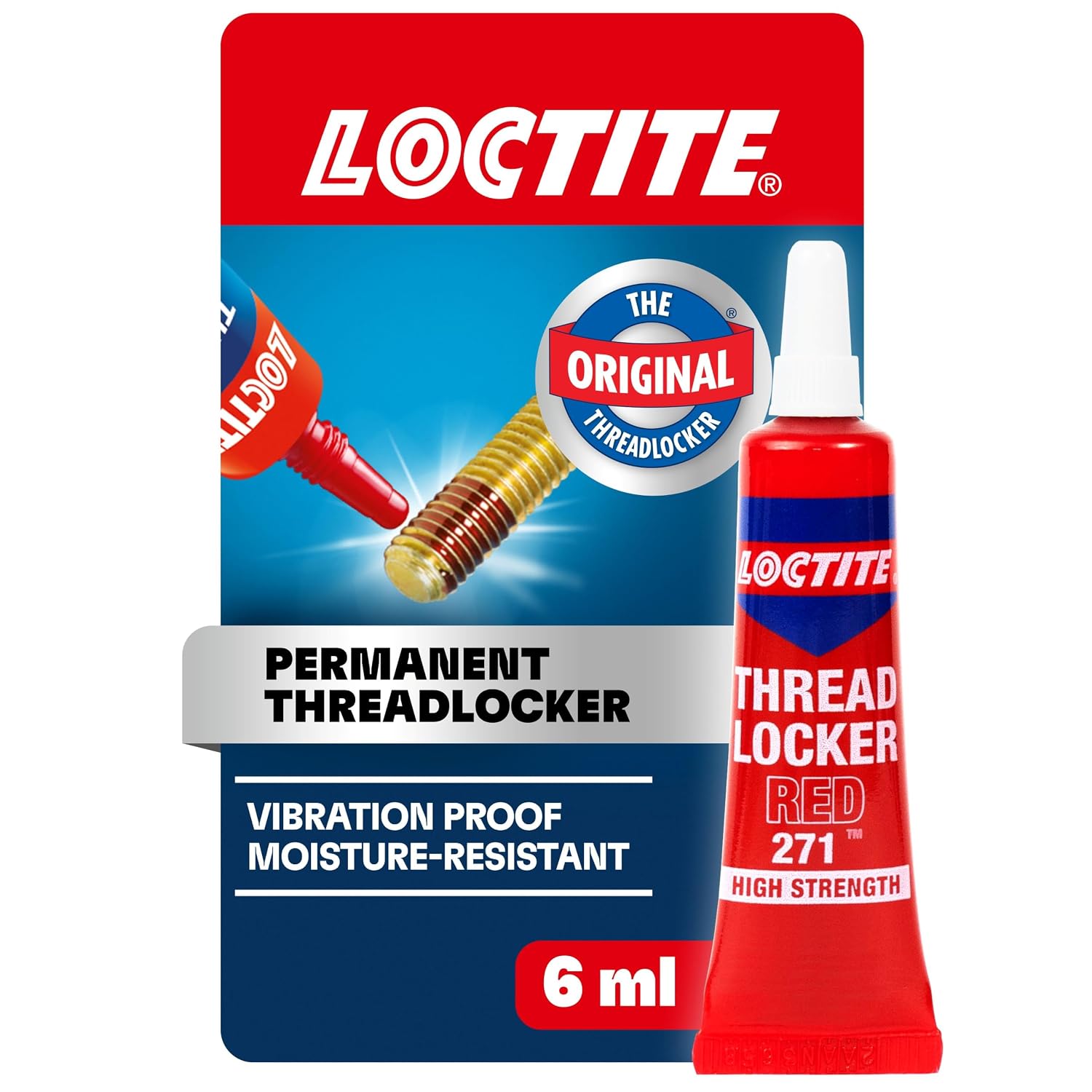 Loctite Threadlocker Red 271 locks, seals threaded fasteners permanently, prevent loosening from vibration, great for engines, machinery, vehicles for valve covers, water pumps, and alternators, 6ml