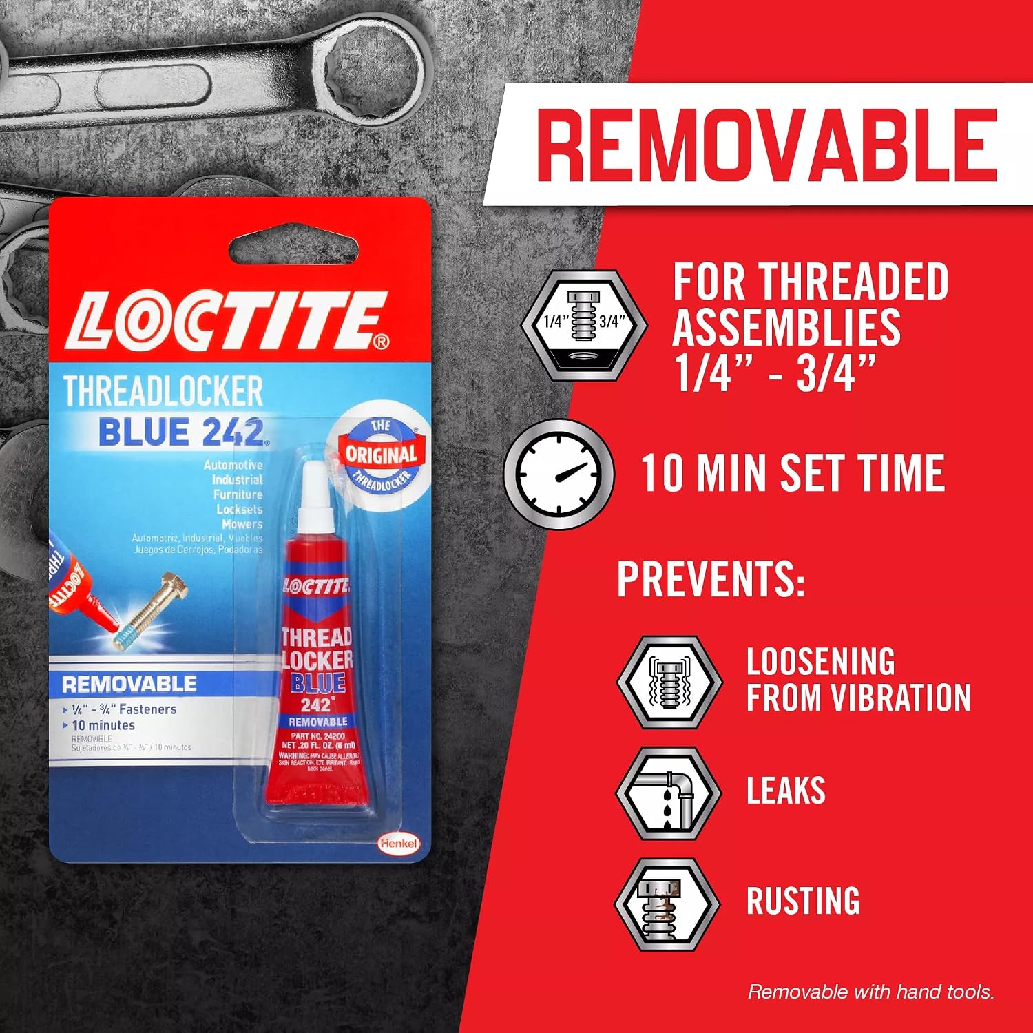 Loctite Threadlocker Blue 242 locks and seals threaded fasteners and prevent loosening from vibration, ideal for 6-19mm fasteners, great for small motors, mowers, equipment, nuts, bolts, screws, 6 ml