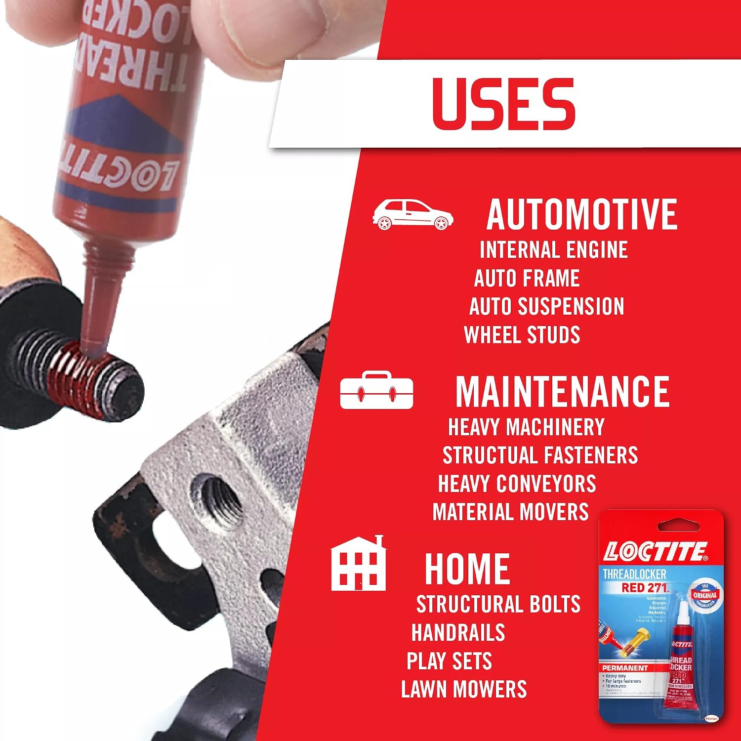 Loctite Threadlocker Red 271 locks, seals threaded fasteners permanently, prevent loosening from vibration, great for engines, machinery, vehicles for valve covers, water pumps, and alternators, 6ml