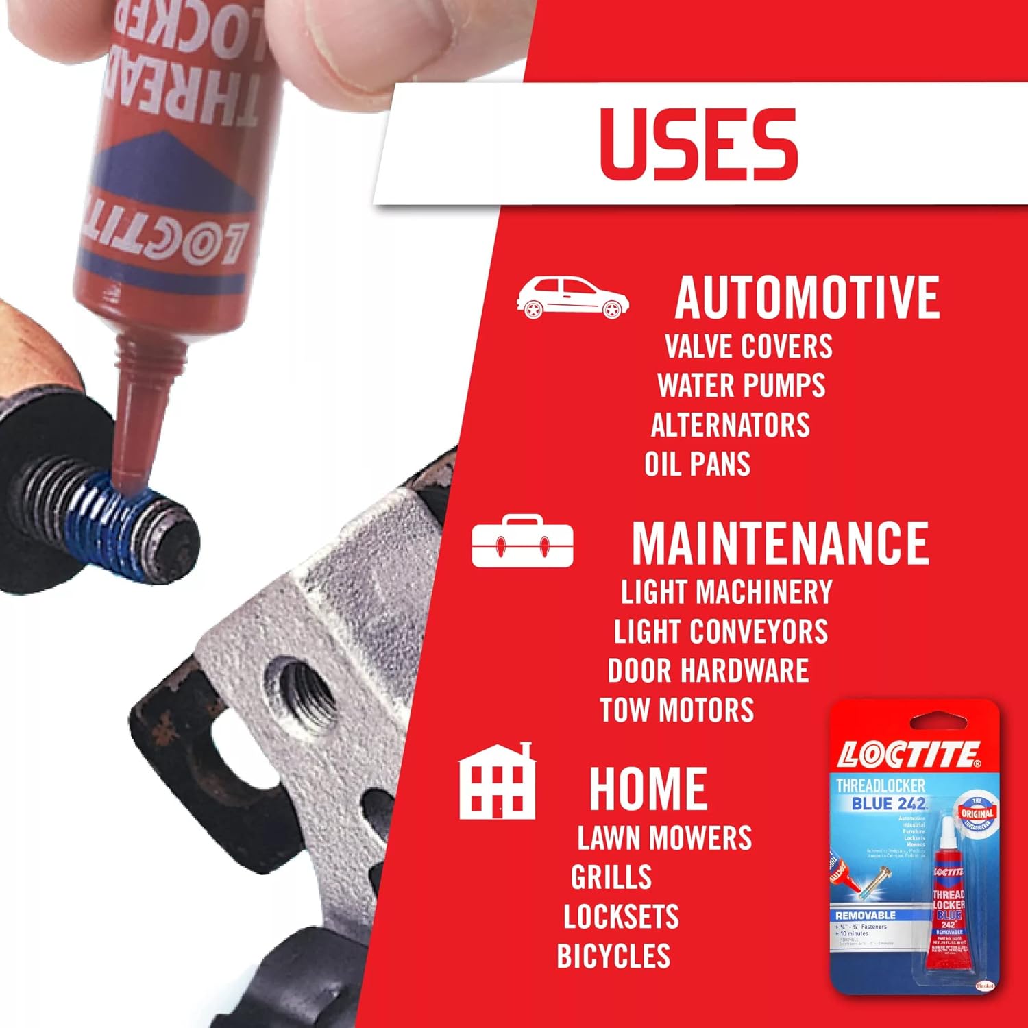 Loctite Threadlocker Blue 242 locks and seals threaded fasteners and prevent loosening from vibration, ideal for 6-19mm fasteners, great for small motors, mowers, equipment, nuts, bolts, screws, 6 ml