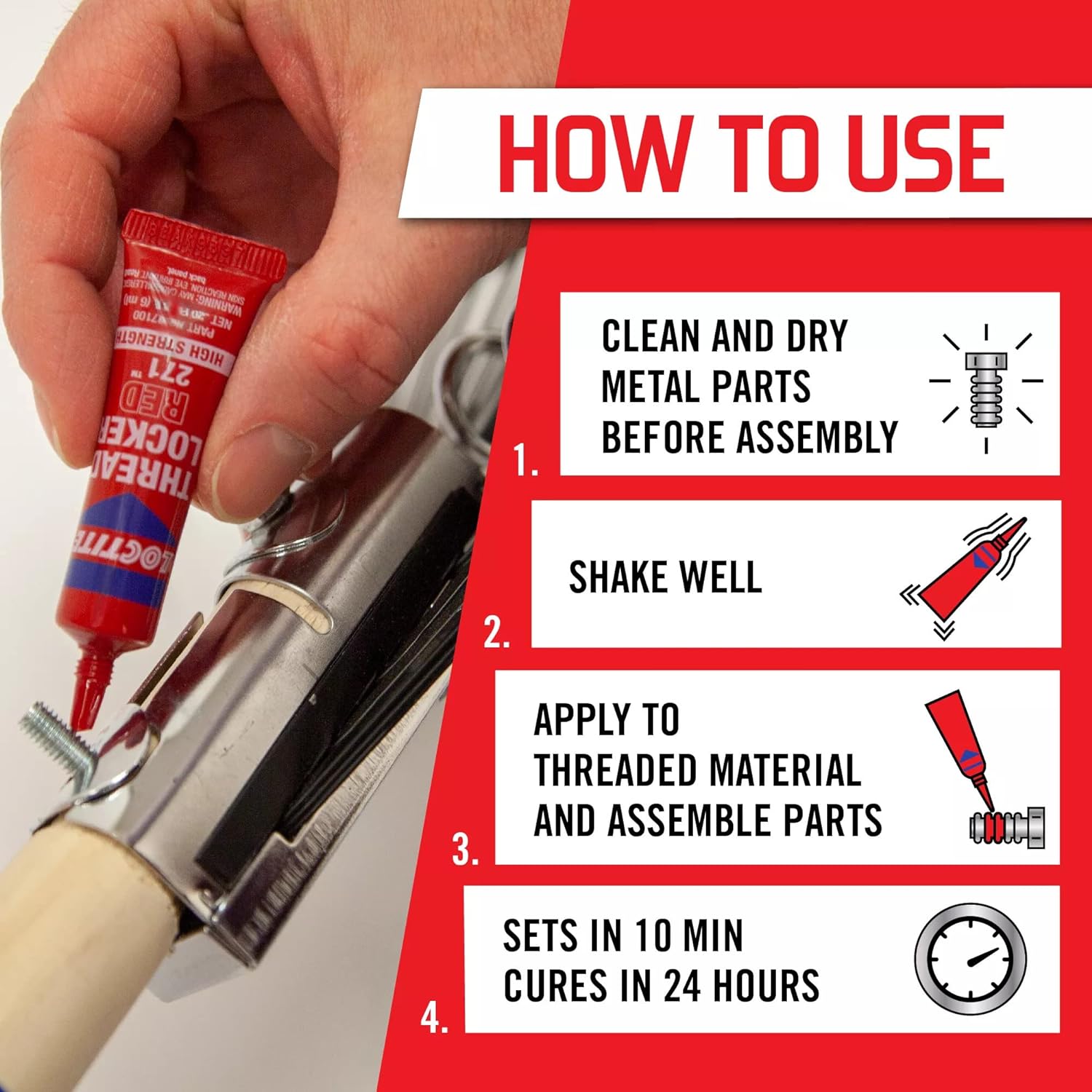 Loctite Threadlocker Red 271 locks, seals threaded fasteners permanently, prevent loosening from vibration, great for engines, machinery, vehicles for valve covers, water pumps, and alternators, 6ml