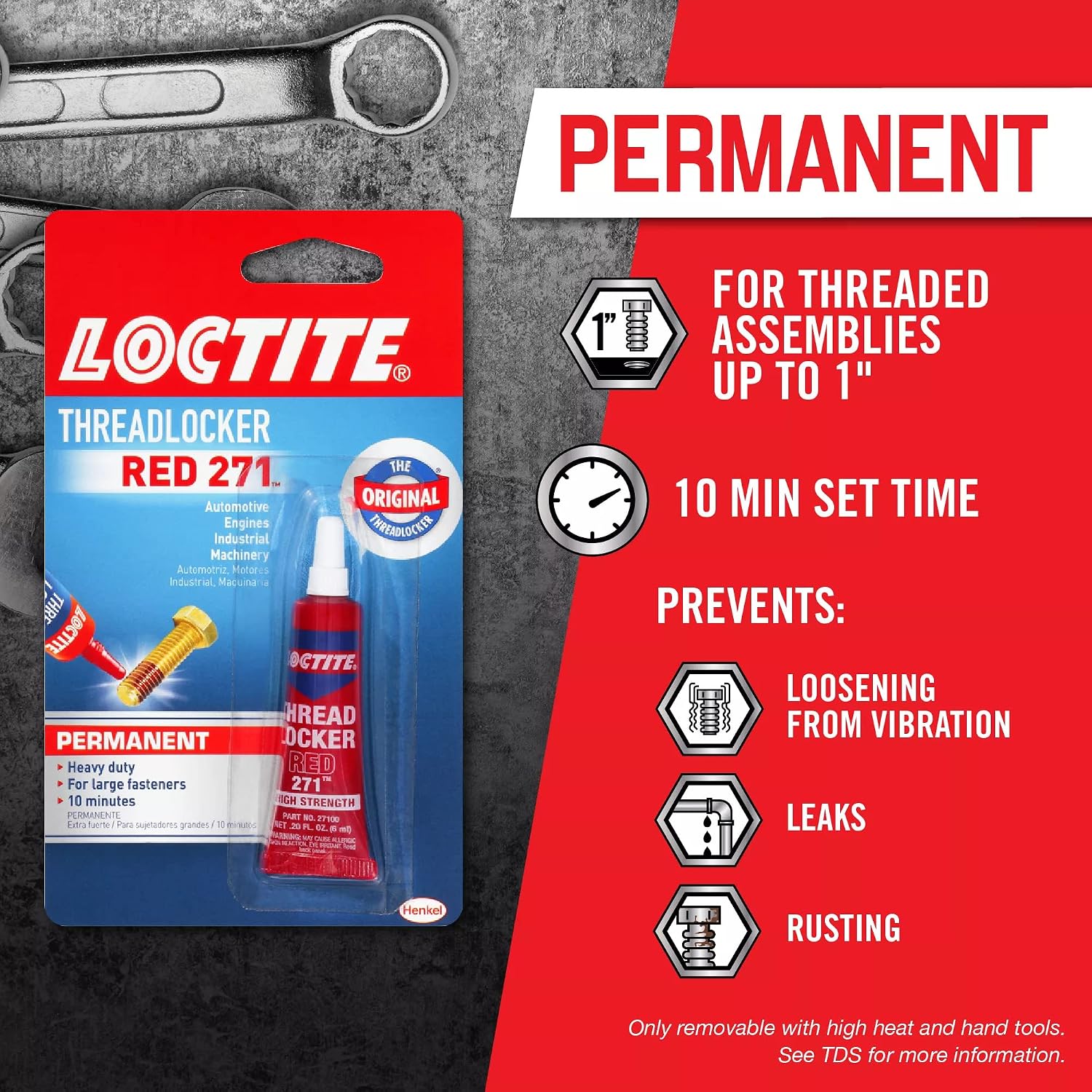 Loctite Threadlocker Red 271 locks, seals threaded fasteners permanently, prevent loosening from vibration, great for engines, machinery, vehicles for valve covers, water pumps, and alternators, 6ml