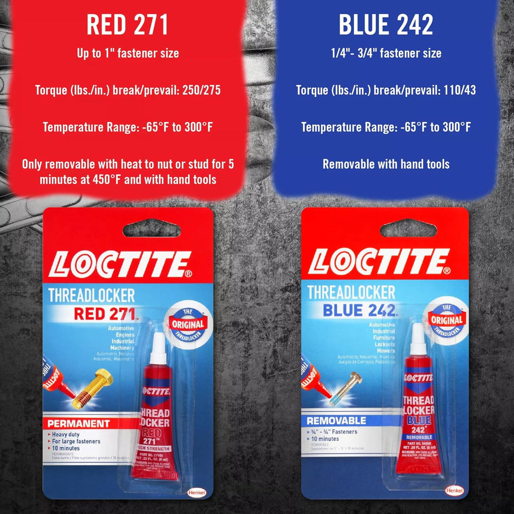 Loctite Threadlocker Red 271 locks, seals threaded fasteners permanently, prevent loosening from vibration, great for engines, machinery, vehicles for valve covers, water pumps, and alternators, 6ml