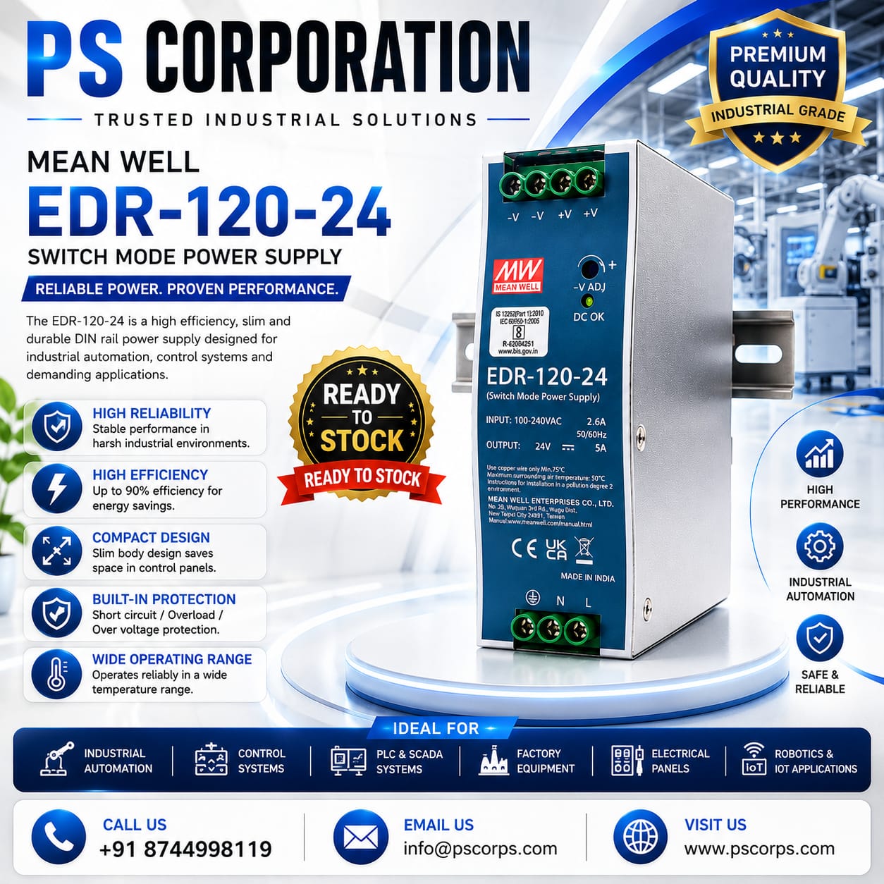 Meanwell EDR-120-24 120W Single Output Industrial DIN RAIL