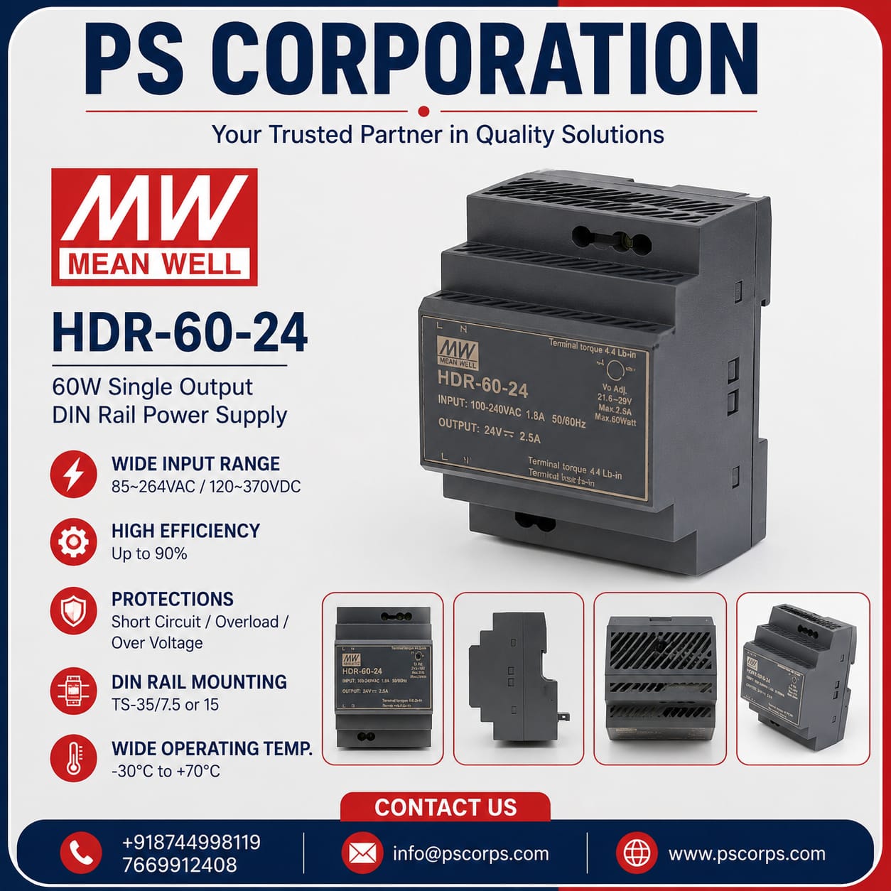 Meanwell HDR-60-24 Power Supply - 60W 24V 2.5A - Ultra Slim