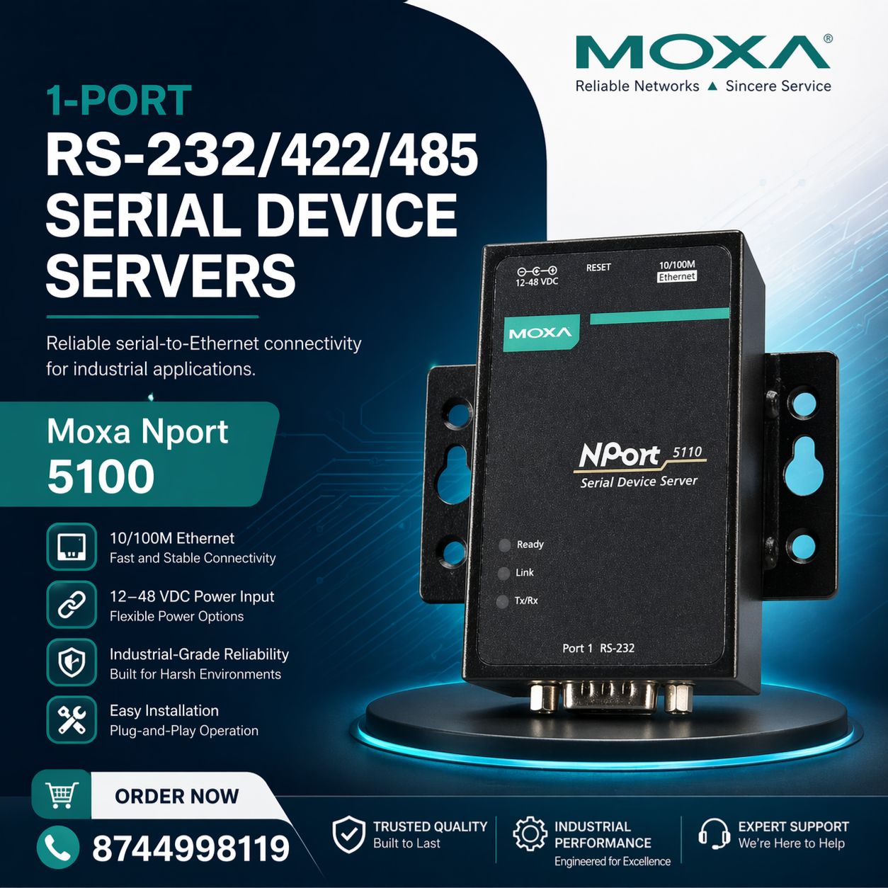 NPort 5110 Serial Device Server, 1 Port, RS232, DB9 Male, 10/100 Ethernet Compatible with Moxa